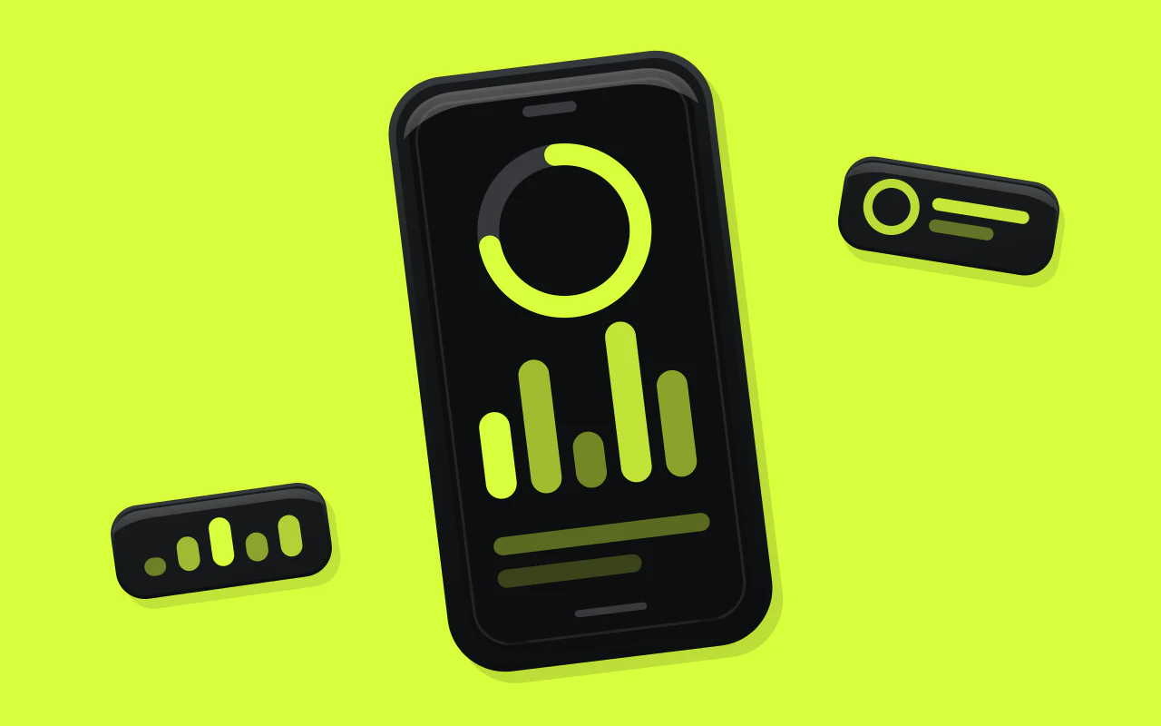 Illustration of a black phone on a lime ground, its dark screen carrying an abstract lime ring and a row of rounded bars.