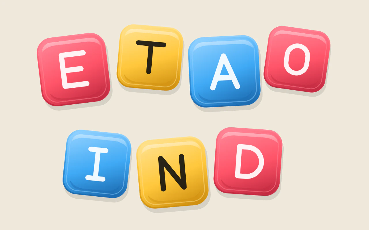 Illustration of glossy letter tiles in coral, amber and blue, scattered across a cream ground.